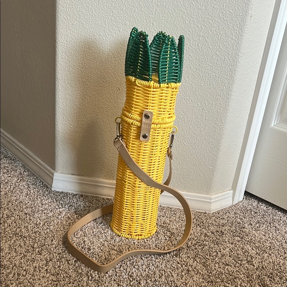 Yellow and Green Pineapple Wicker Basket with Strap